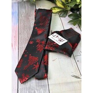 New Barry.Wang Men’s Christmas Tie & Pocket Square Set, Black & Red, 100% Silk